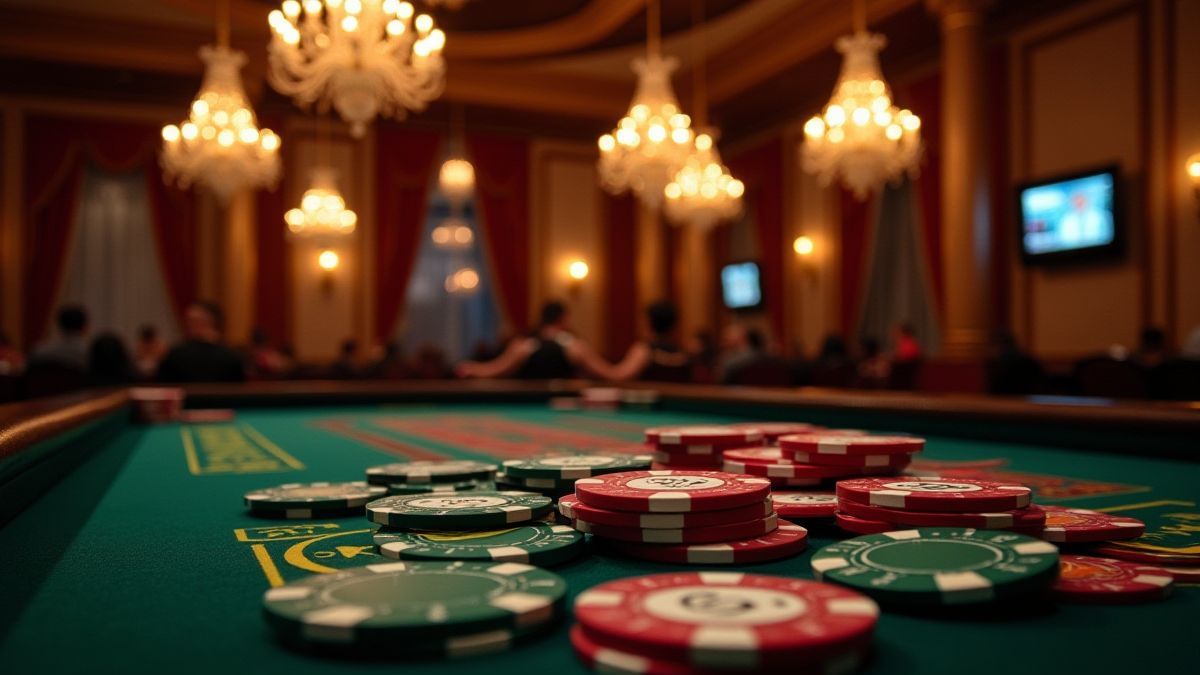 Un casino elegante con lámparas de araña, fichas de póker y mesas.