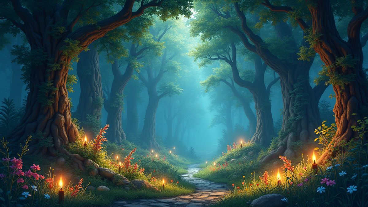 Een betoverd bos vol met schitterende lichten en kleurrijke dieren