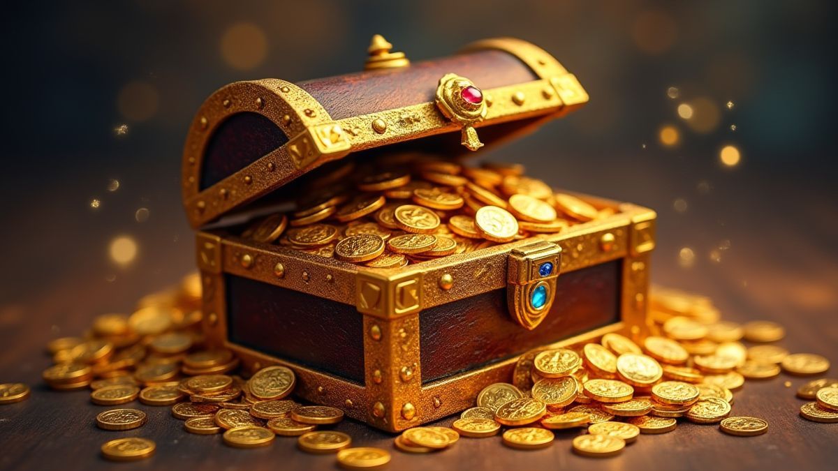 Een schatkist vol met gouden munten en schitterende edelstenen