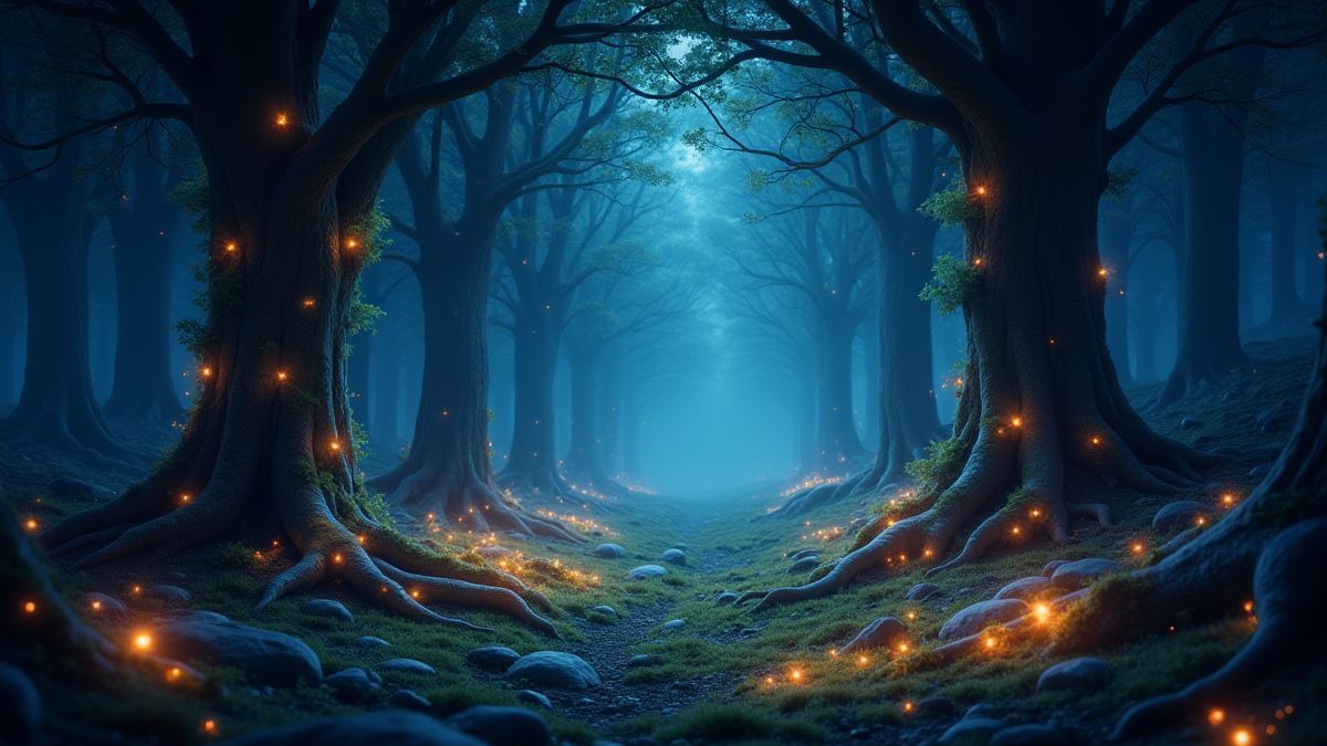 Une forêt enchantée pleine de lumières magiques et de créatures fantastiques.