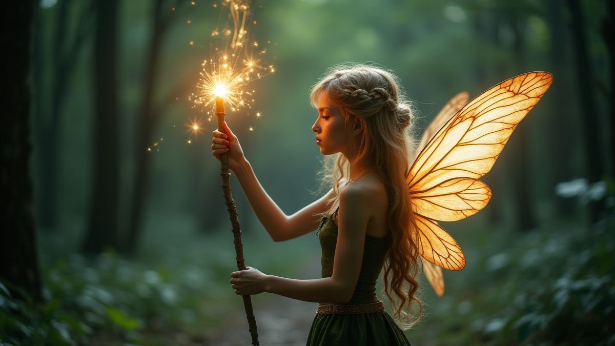 Une fée magique ajustant sa baguette brillante dans une forêt.