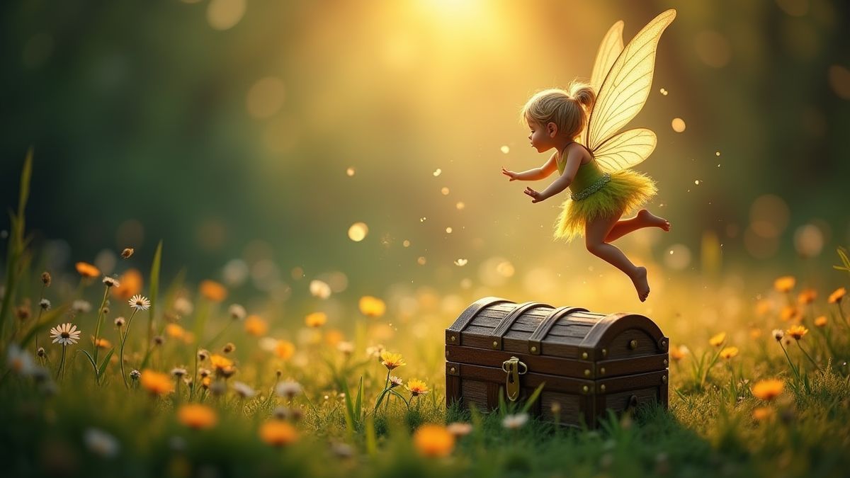 Fairy over a treasure chest in a glowing meadow