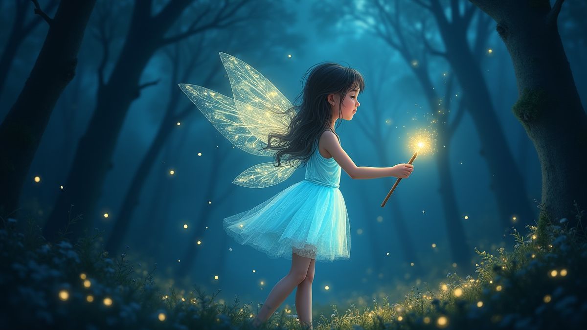 Hada luminosa sosteniendo una varita mágica en un bosque mágico.