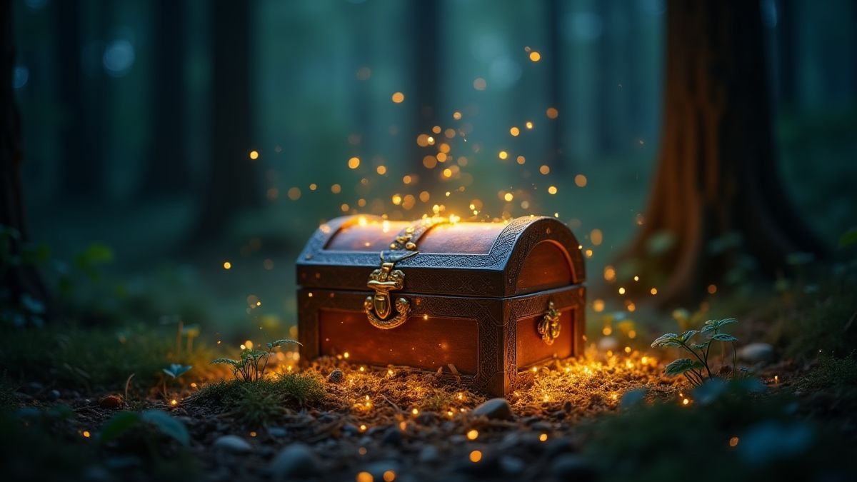 Un cofre del tesoro brillante en medio de un bosque encantado.