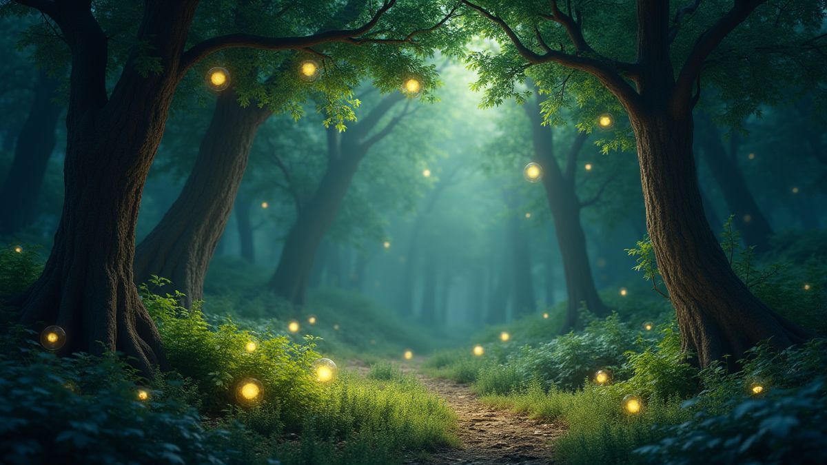 Forêt magique avec orbes flottants