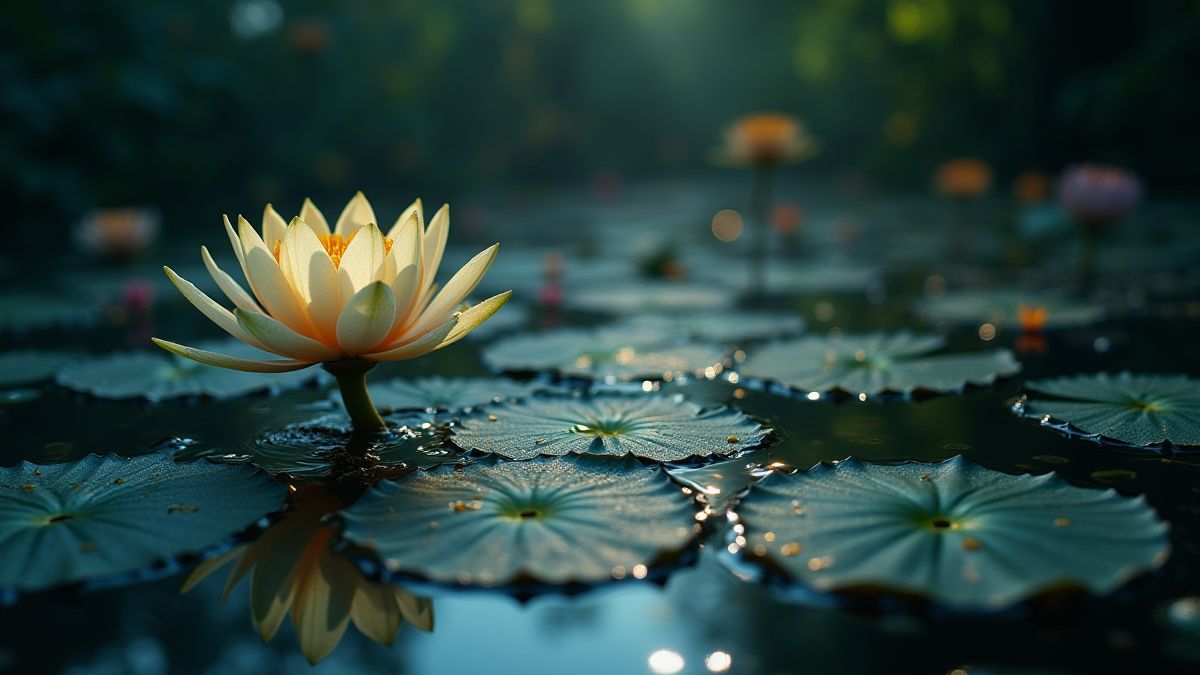 A glowing pond with lily pads