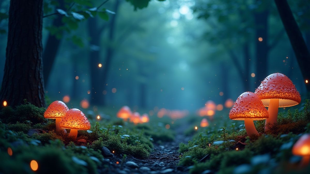 Un bosque lleno de setas brillantes y luciérnagas mágicas.