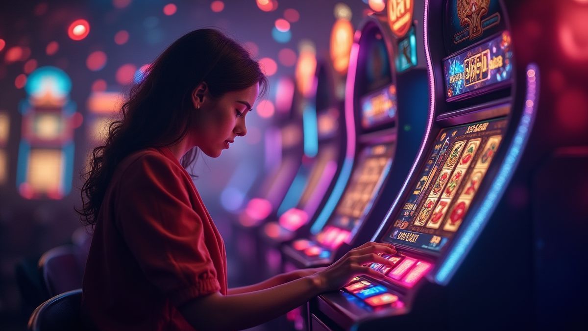 Un jugador disfrutando de un slot rodeado de luces mágicas.