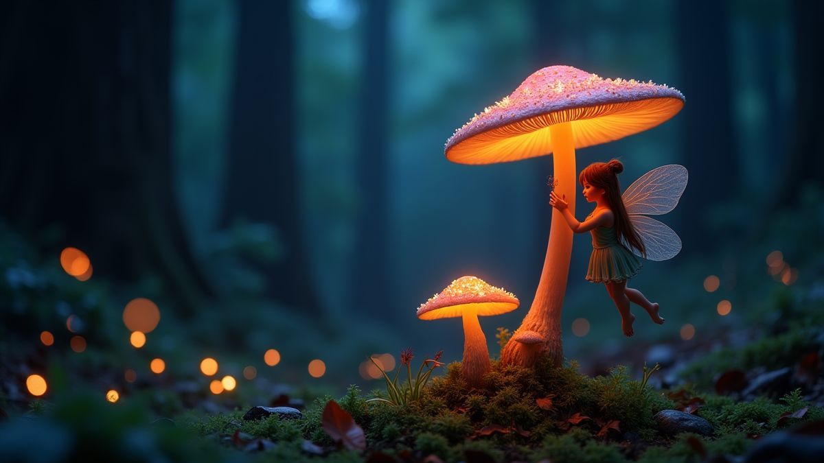 Uma seta brilhante com uma fada sentada em cima em uma floresta mágica.