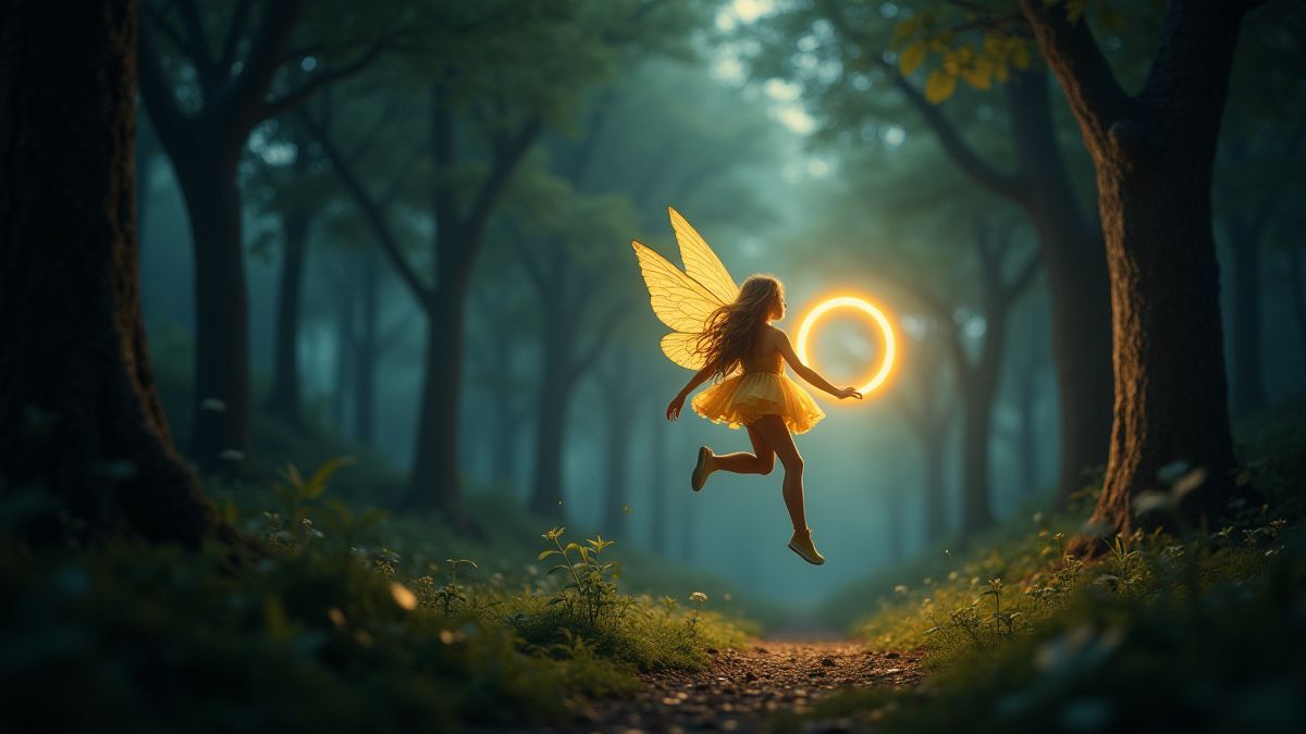 Uma fada voando perto de um anel brilhante em uma floresta mágica.