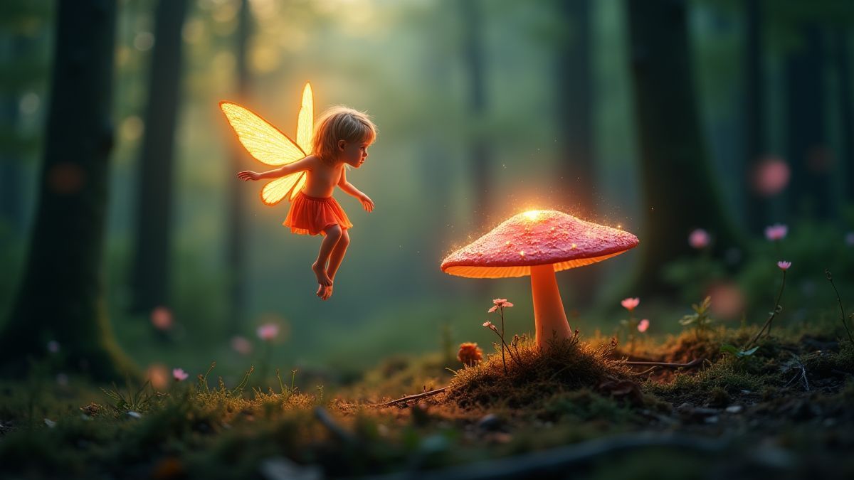 Fada luminosa sobre um cogumelo brilhante em uma floresta mágica.