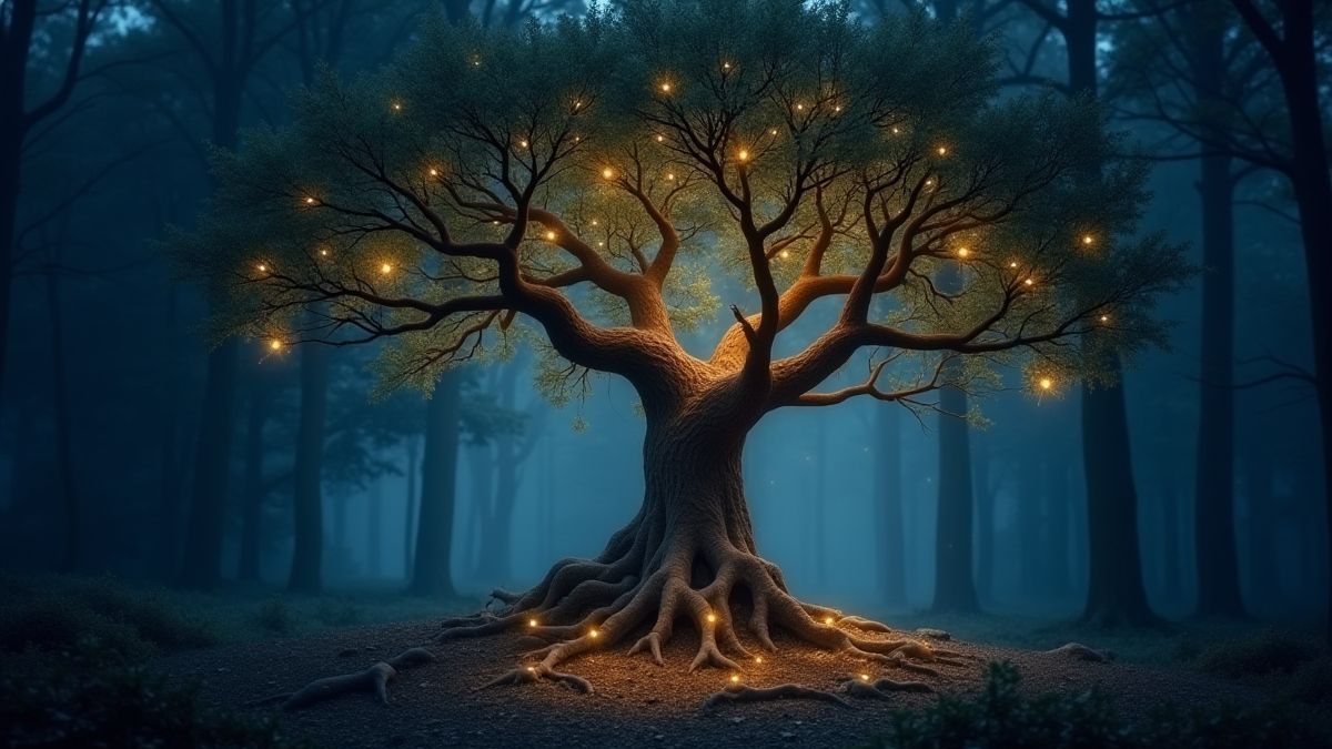 Árvore encantada com folhas luminosas e raízes brilhantes em um bosque crepuscular.