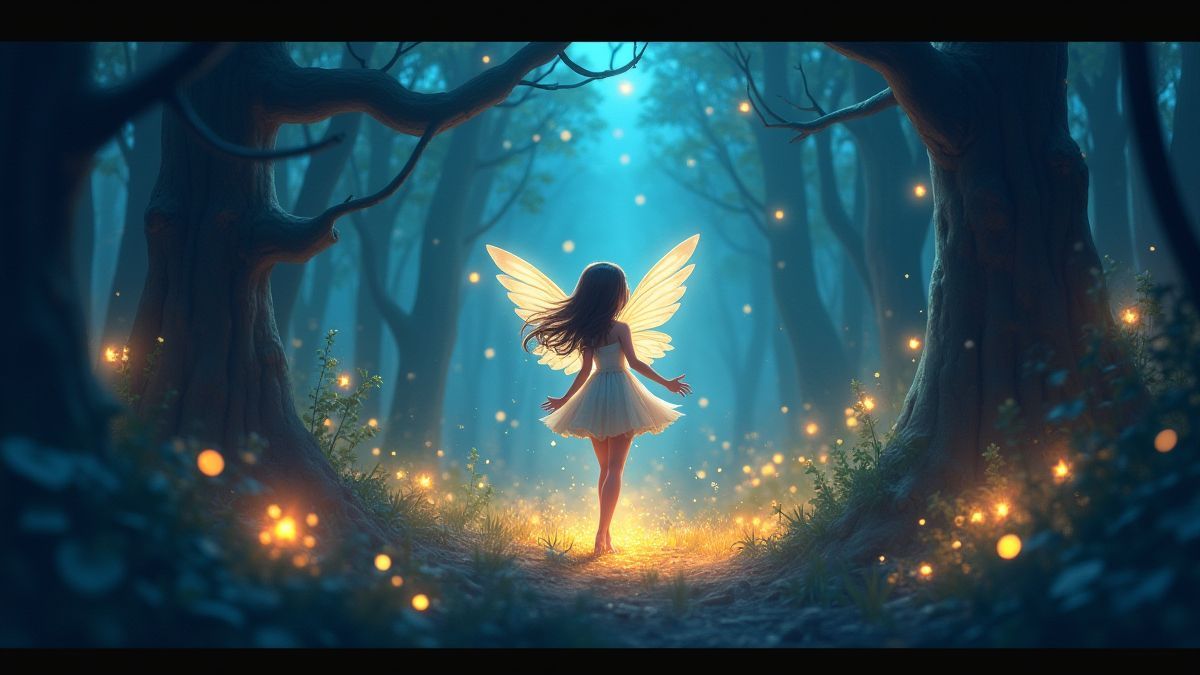 Une hada mágica rodeada de luces resplandecientes en un bosque encantado.