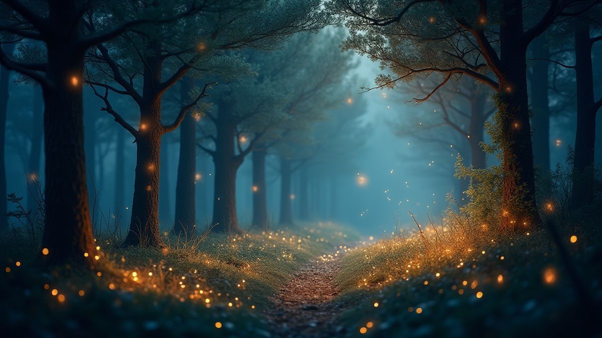 Una escena de bosque místico con árboles resplandecientes y polvo de hadas en el aire.