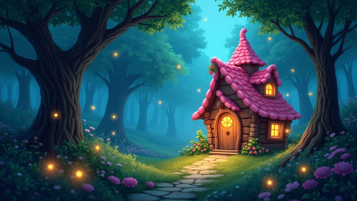 Une forêt magique avec des lucioles brillantes et une maison de bonbons.