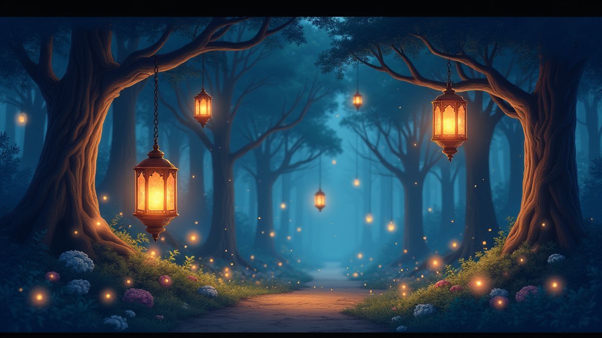 A magical forest filled with glowing lanterns.