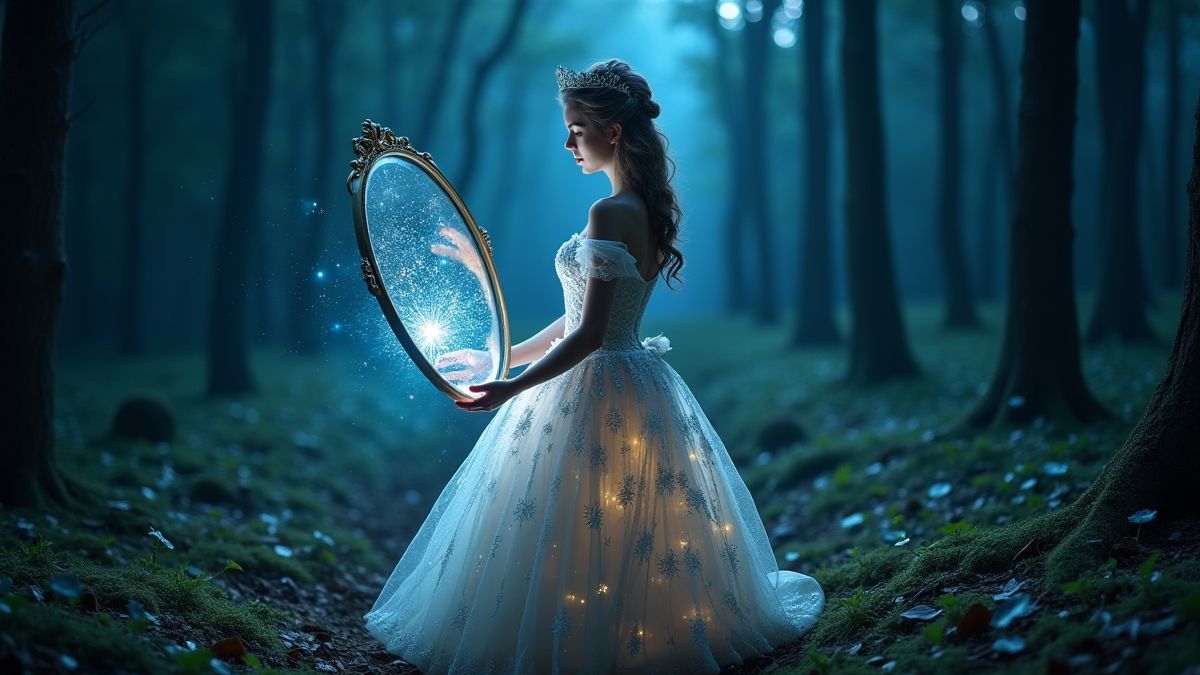 A princess with a magical mirror in a moonlit forest.