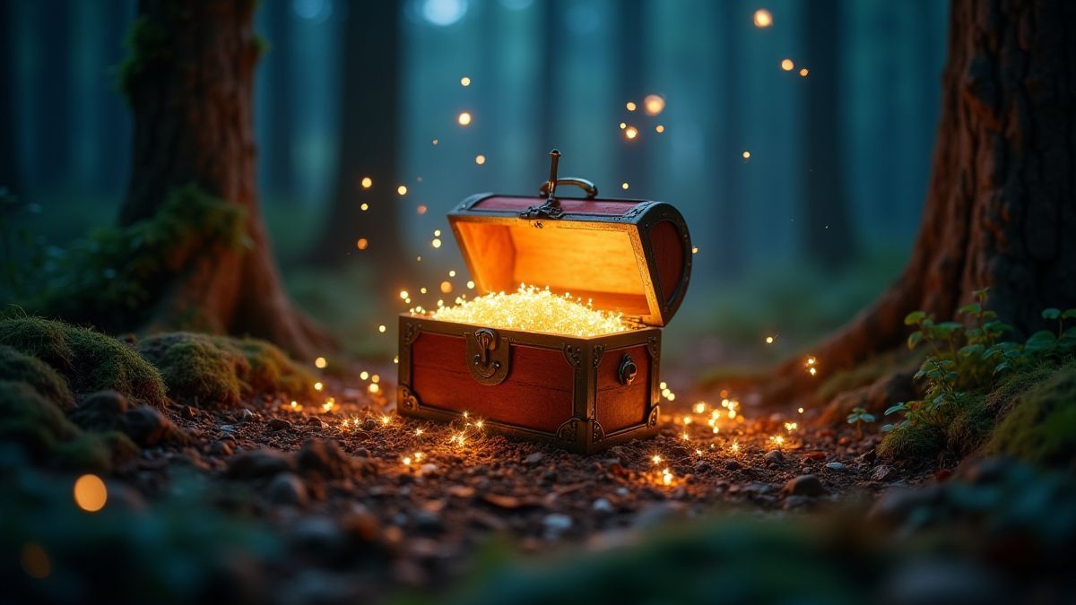 Un cofre del tesoro brillante en un bosque encantado