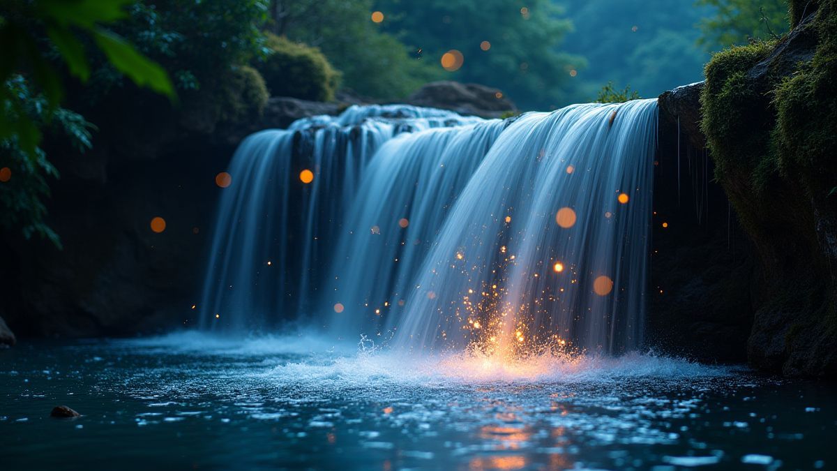 Una cascada brillante con luces mágicas flotando