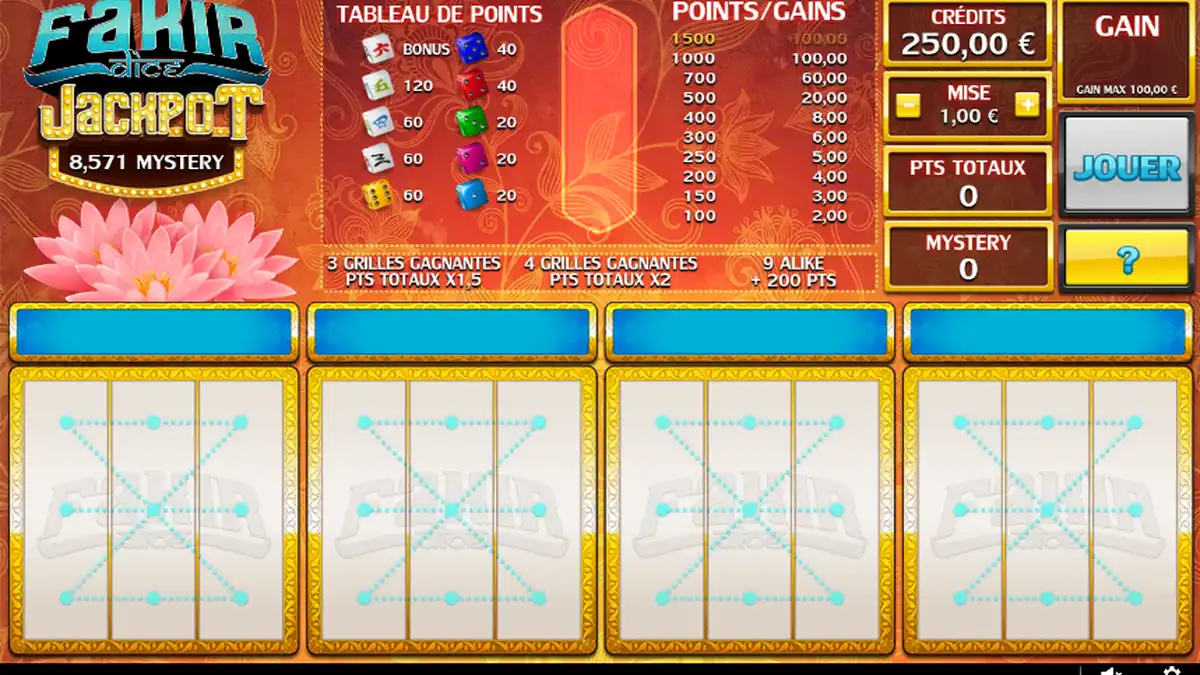 Pantalla del juego base de Fakir Dice
