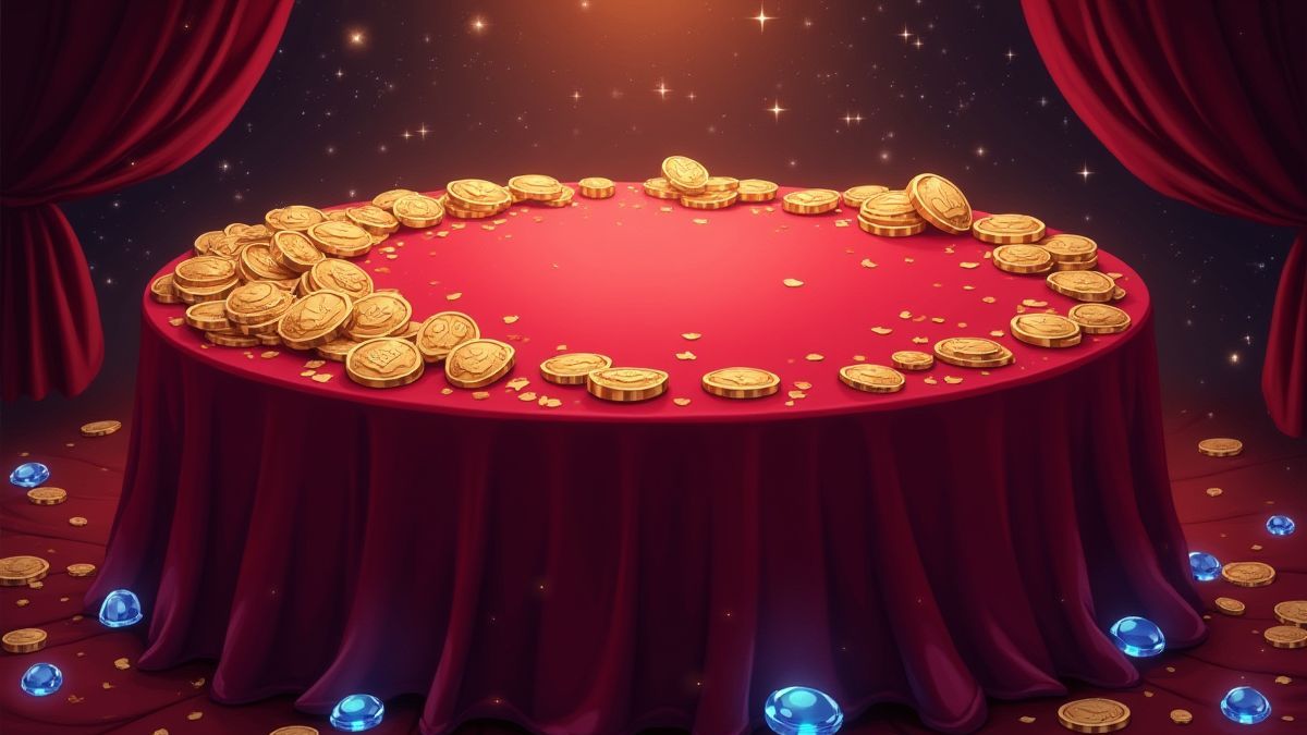 Velvet table surrounded by sparkling gems and gold coins.