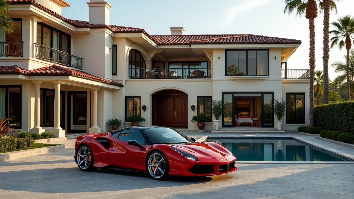 Luxe sportwagen voor een Hollywood-stijl mansion.