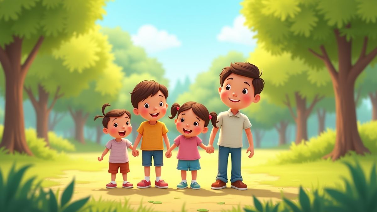 Gelukkig gezin in een levendig en kleurrijk park.