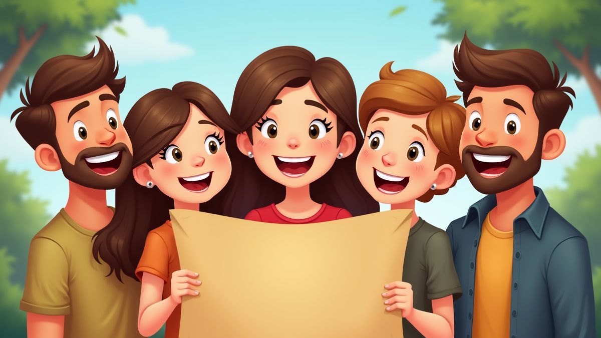 Een vrolijk gezin met een schatkaart in een geanimeerde stijl.