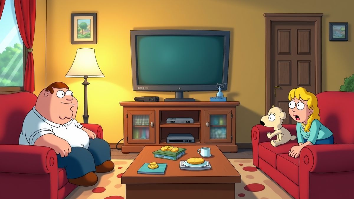 Un salón acogedor con personajes de Family Guy viendo televisión.