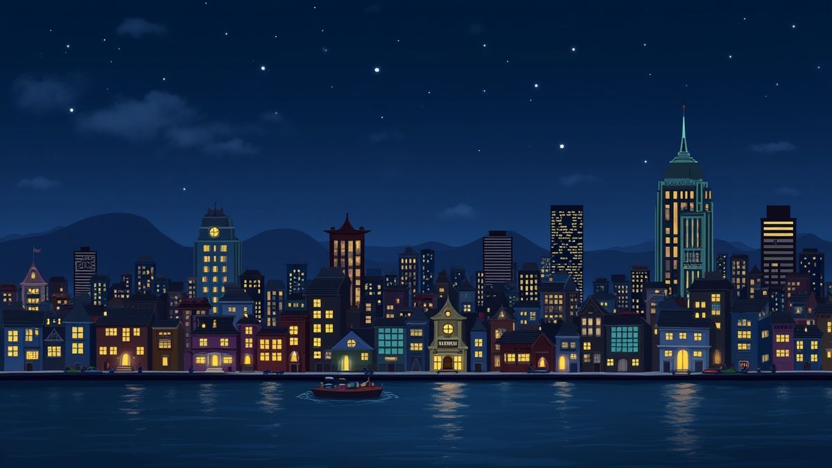 Una ciudad animada estilo dibujos animados que representa Quahog.