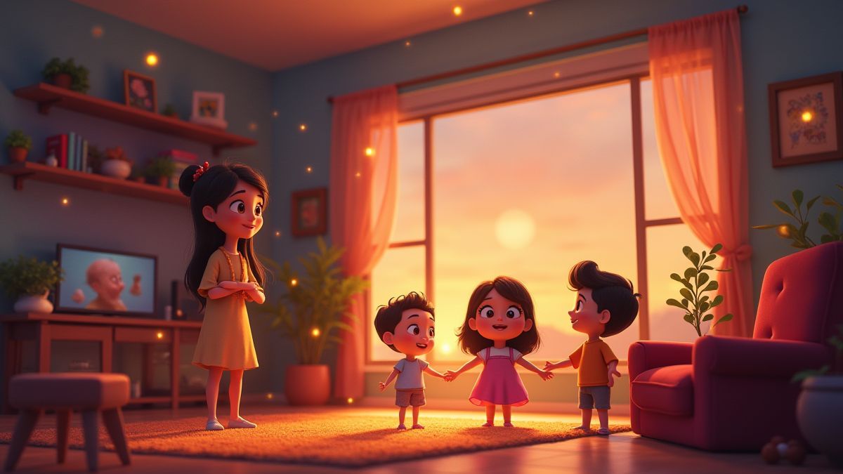 Uma família animada mágica em sua sala de estar.