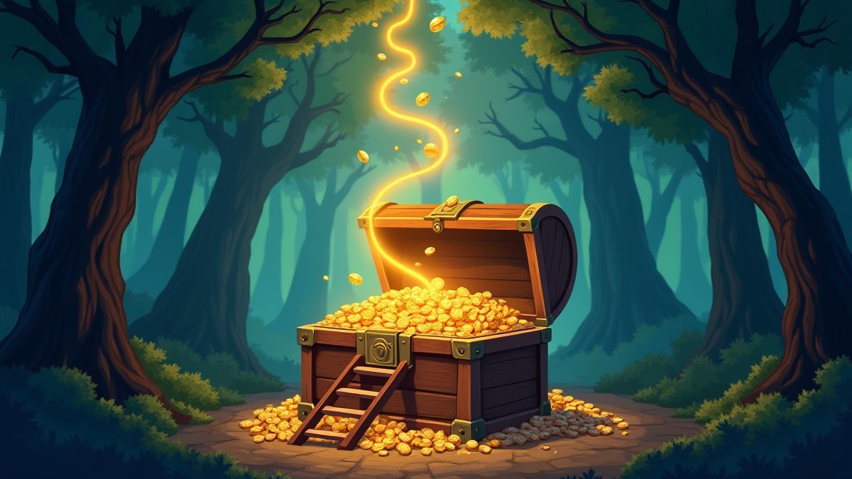 A magical ladder leading to a chest filled with coins and gems.