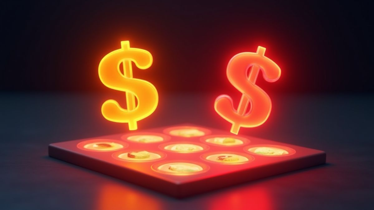 Orange and red cash symbols floating above a slot grid.