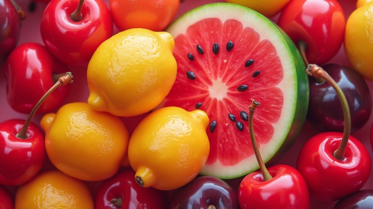 Frutas brillantes sobre un fondo retro
