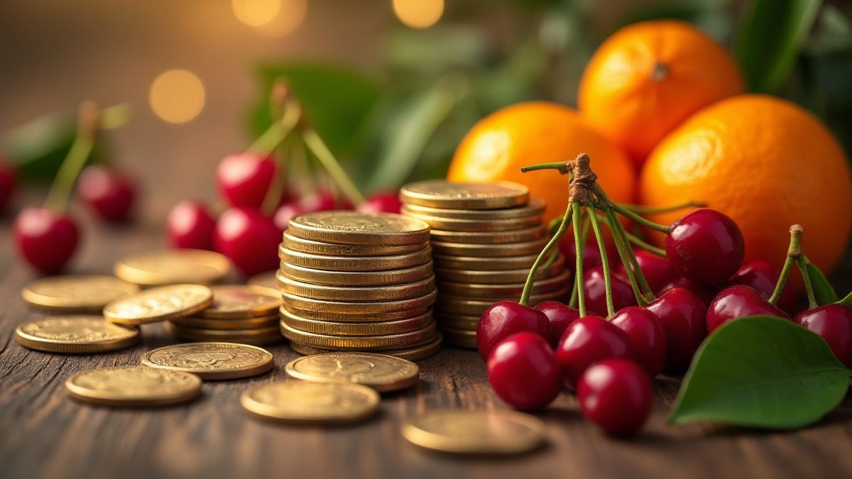 Símbolos de frutas y monedas sobre una mesa de madera