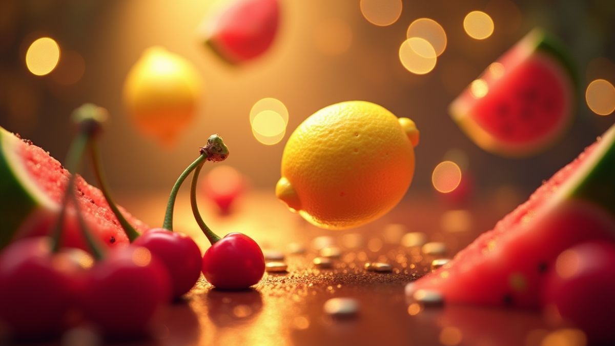 Frutas coloridas flotando en un entorno de casino brillante