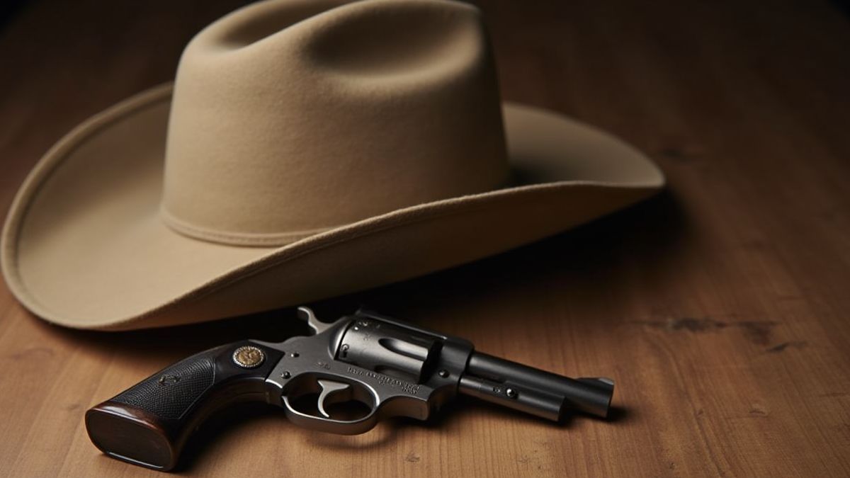Cowboy hat and revolver on a wooden table.