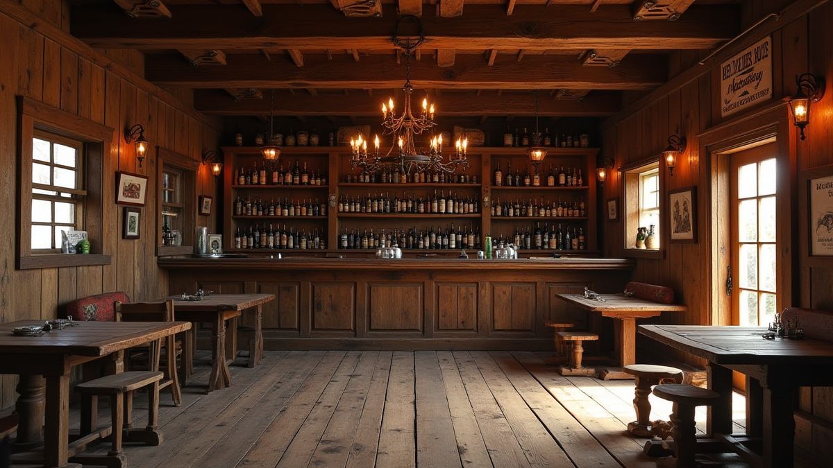Wild West saloon with wooden furniture and bottles.