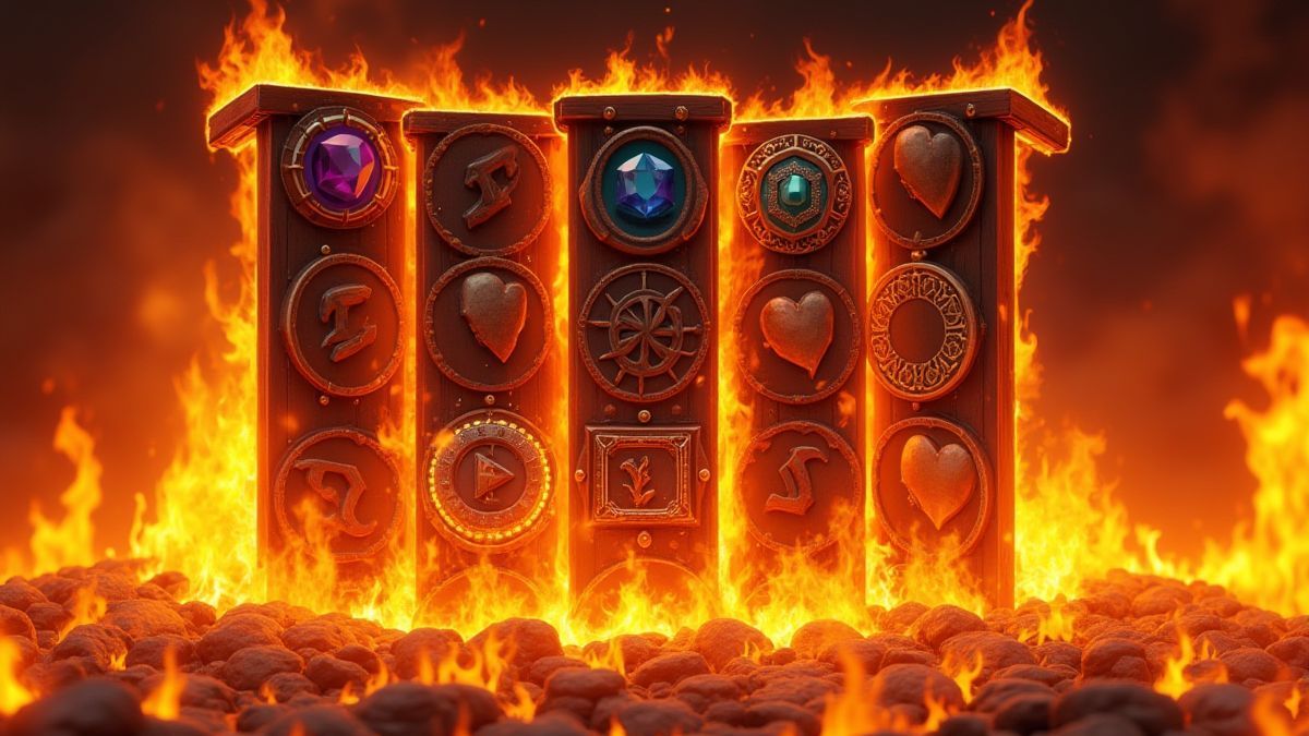 Flammen, die Walzen mit mittelalterlichen Symbolen wie Edelsteinen und Münzen umhüllen.