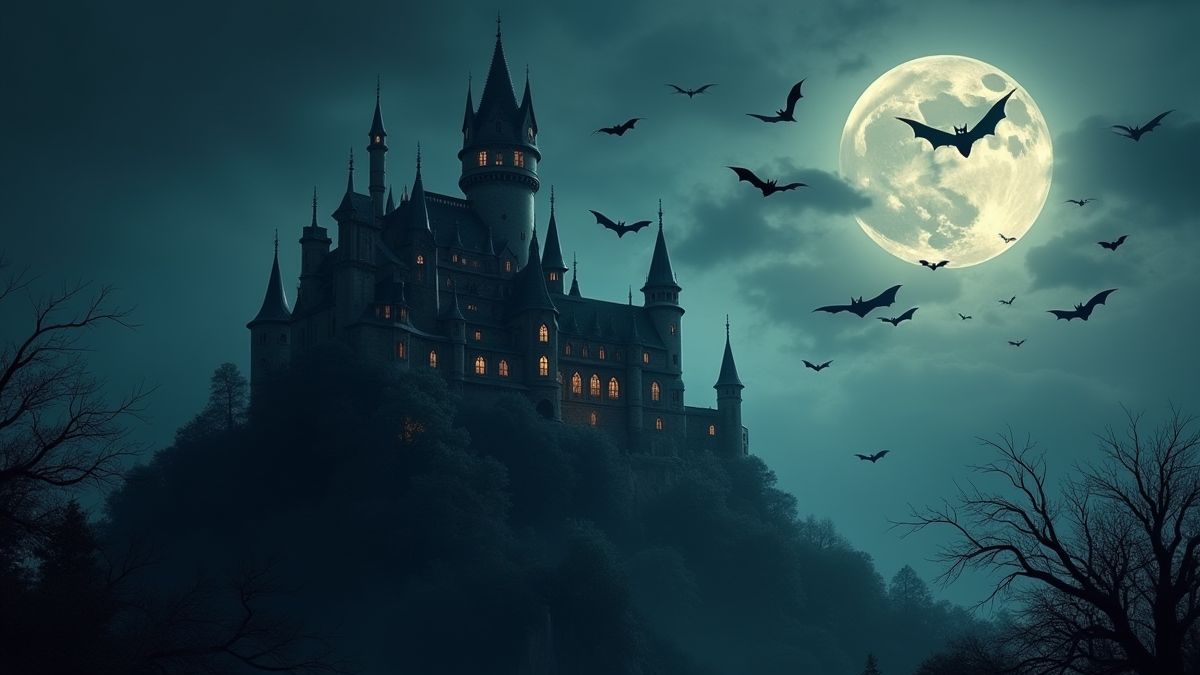 Um castelo gótico com morcegos sob a lua cheia.