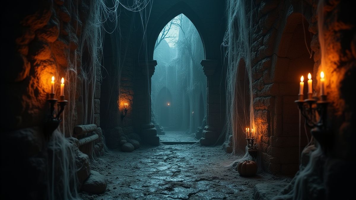 Interior de um castelo assustador com velas e teias de aranha.