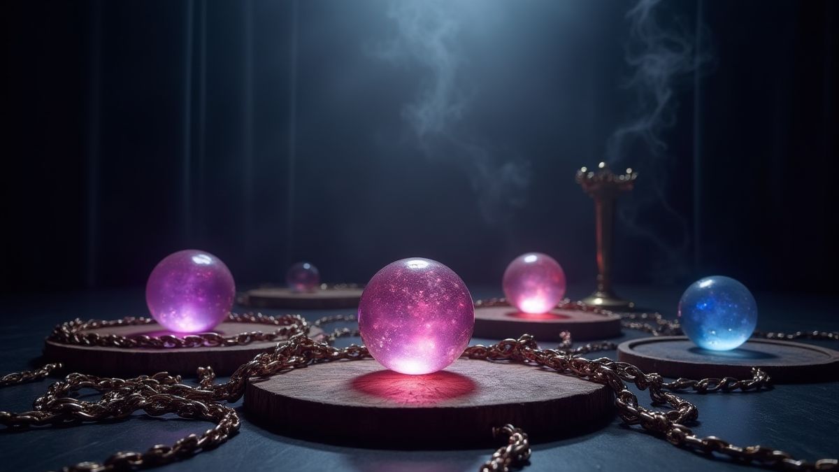 Theaterpodium met magische voorwerpen zoals kristallen ballen en glanzende ketens.