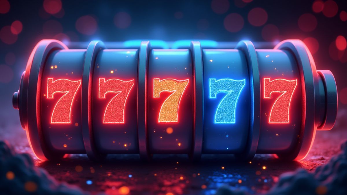 Carretes de slot futuristas brilhando com poderes de super-heróis.