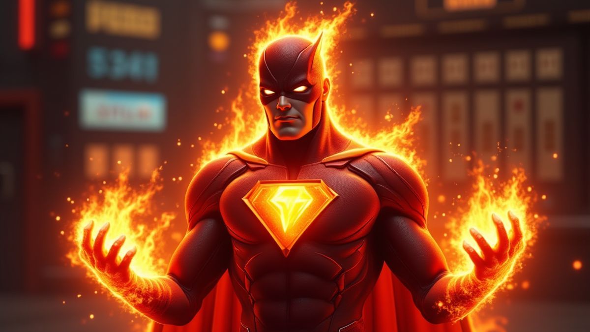 Torche Humaine avec les mains enflammées devant une machine à sous