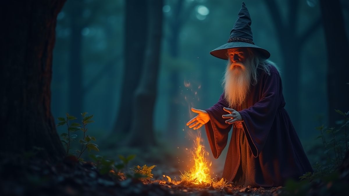 Un mago lanzando un hechizo en un bosque oscuro.