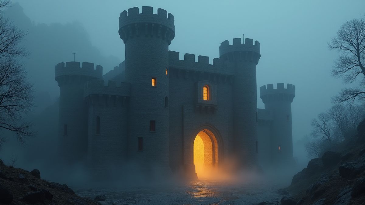 Un castillo medieval con puertas brillantes rodeadas de niebla.