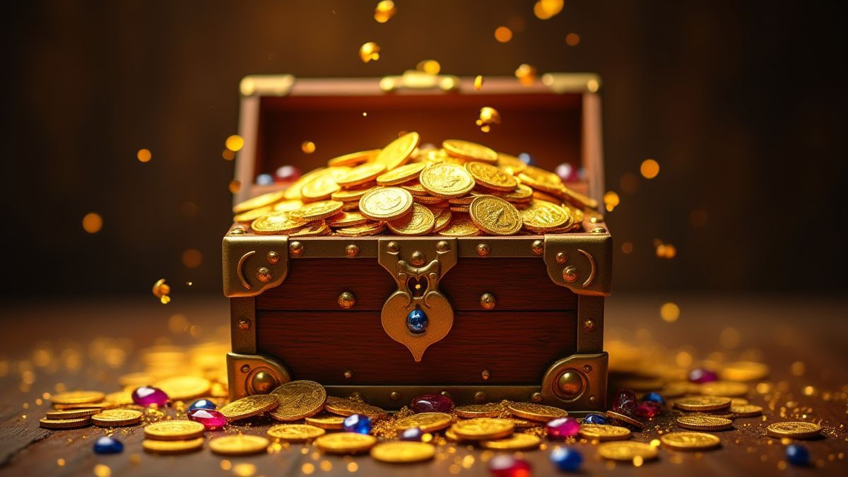 Un cofre del tesoro lleno de monedas de oro y joyas.