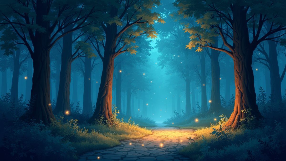 Forêt enchantée avec des arbres qui brillent et des éléments magiques.