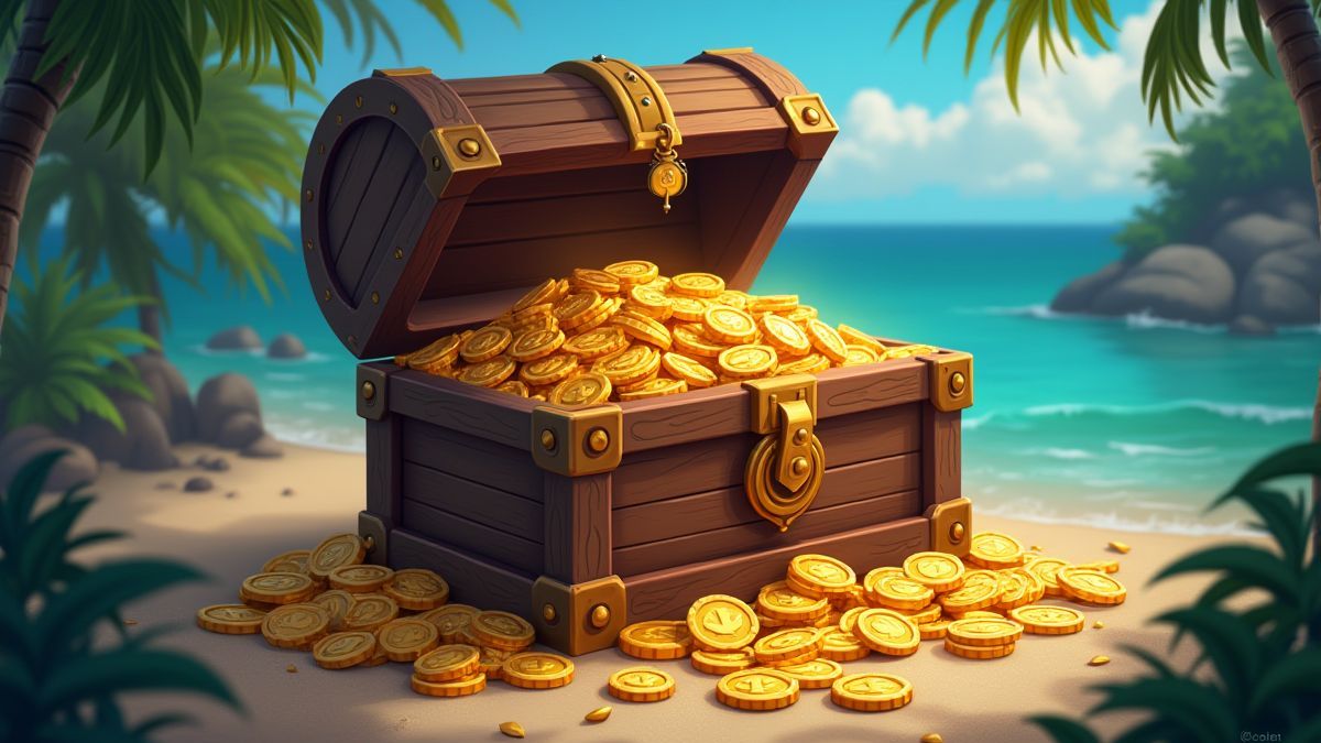 Coffre au trésor rempli de pièces d'or et de gemmes brillantes sur une île magique.