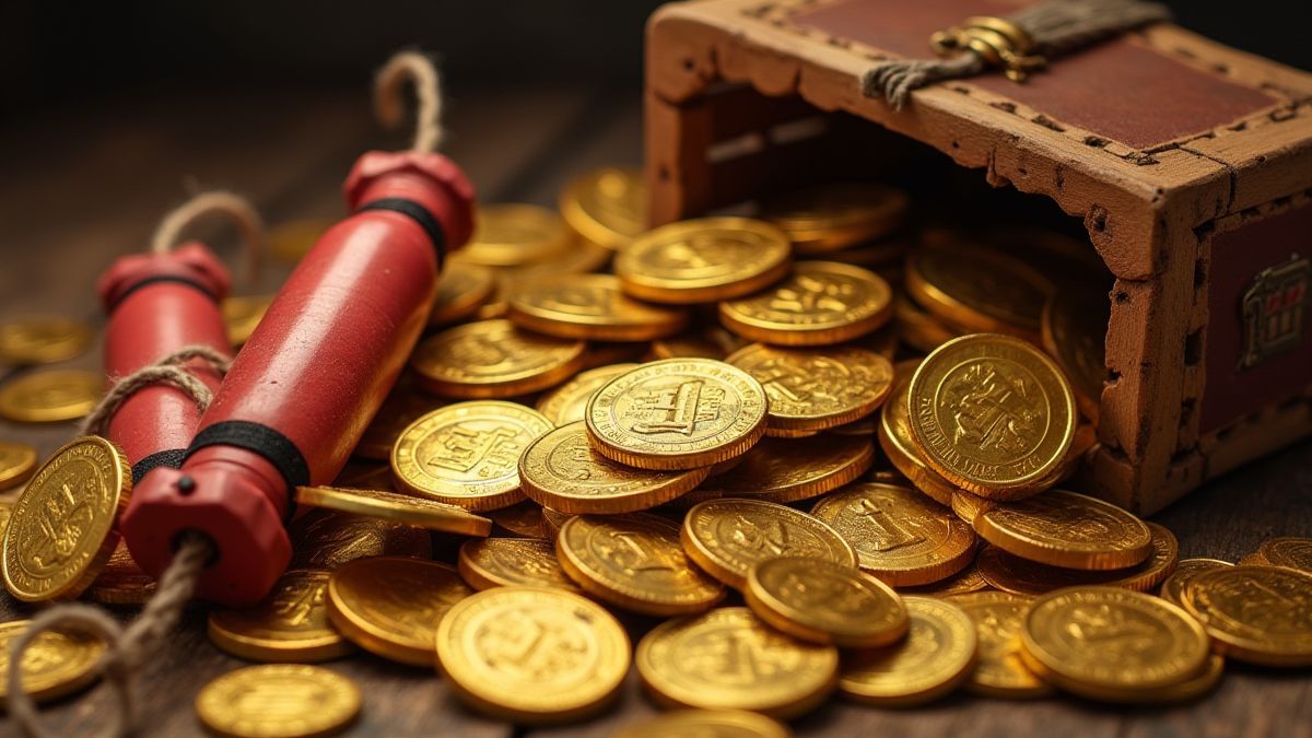 Schatz voller Goldmünzen und Dynamitstangen